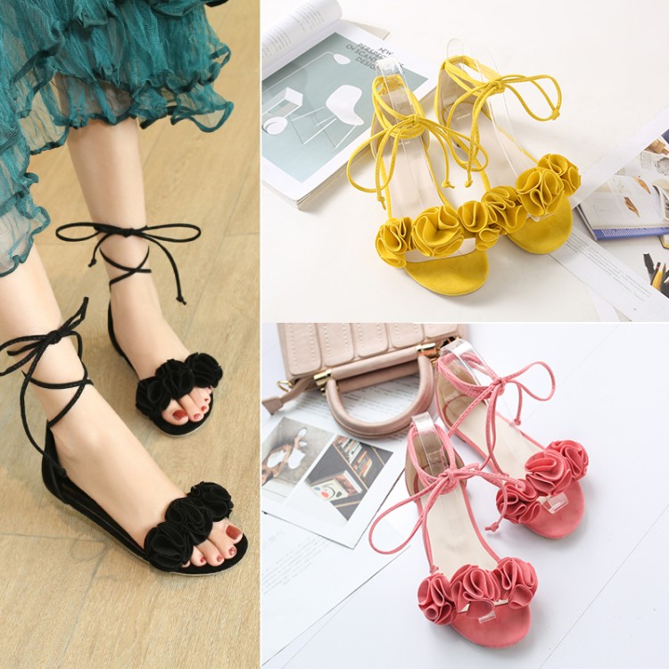 Minimalist Suede Sandals with Floral Cutout Lace-Up Flat Heel - Image 4