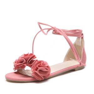 Sweet Low-Top Suede Sandals with Floral Cutout Lace-Up Flat Heel