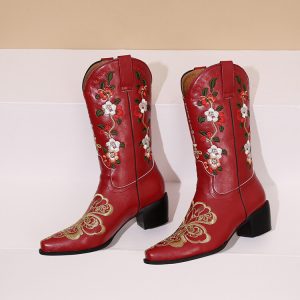 Women's Western Boots Vintage Embroidered Pointed Toe Chunky Mid Heel High Shaft