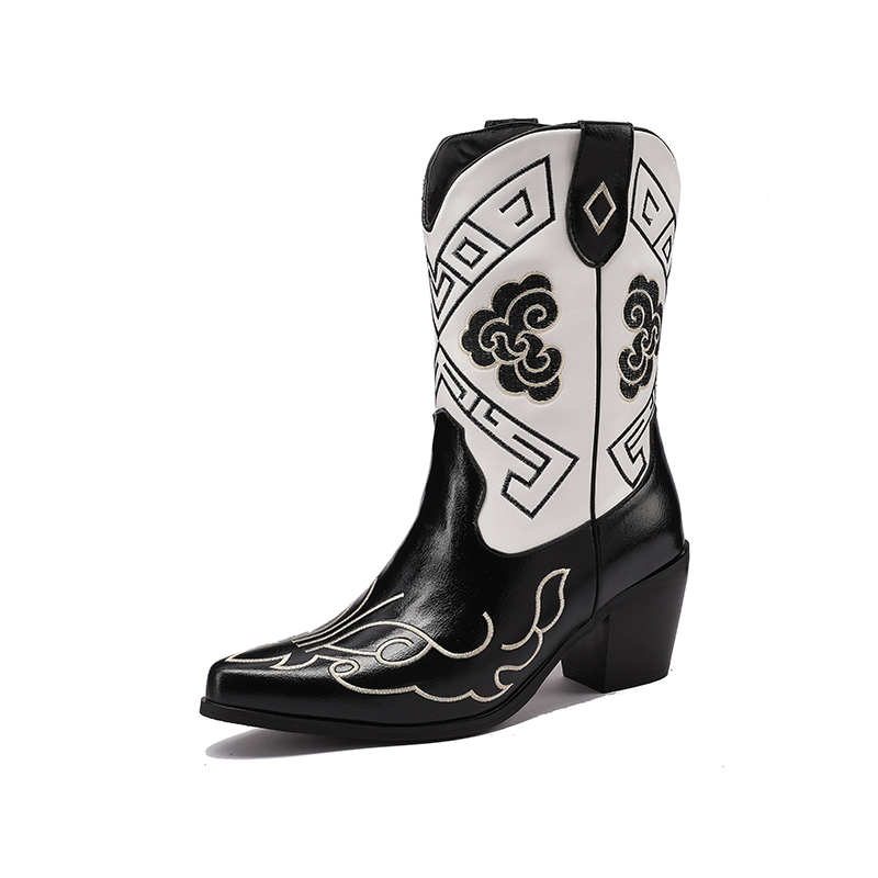 Women's Western Boots - Pointed Toe Chunky High Heel Mid-Calf PU Boots - Image 5