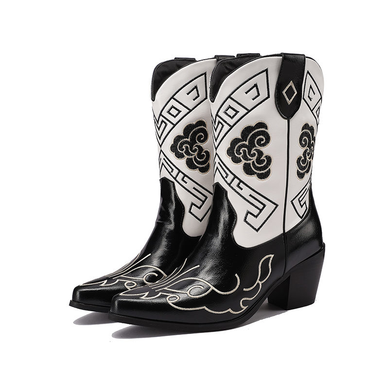 Women's Western Boots - Pointed Toe Chunky High Heel Mid-Calf PU Boots - Image 2