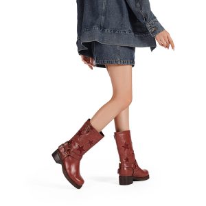 Women's Western Boots PU Mid Heel Chunky Round Toe Mid Calf