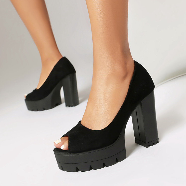 Women's High Heel Peep Toe Pumps - Black Suede PU Block Heel Shoes - Image 3