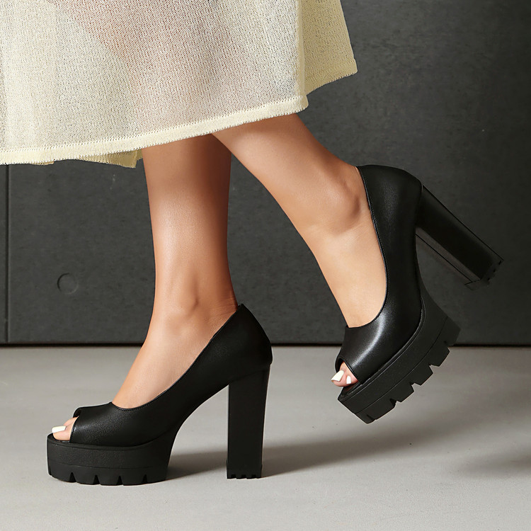 Women's High Heel Peep Toe Pumps - Black Suede PU Block Heel Shoes - Image 2