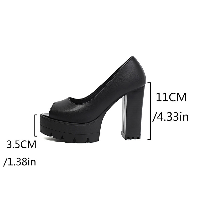 Women's High Heel Peep Toe Pumps - Black Suede PU Block Heel Shoes - Image 5