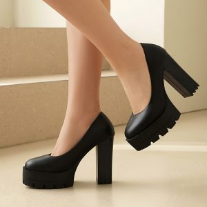 Women's Suede High Heel Pumps Round Toe Chunky Heel Black