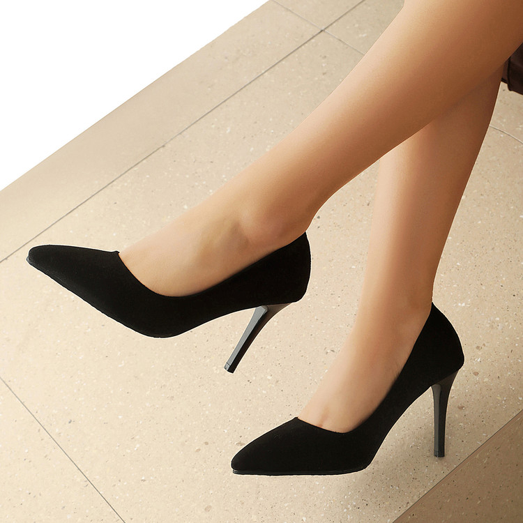 Women's Pointed Toe High Heel Pumps - PU Upper, Rubber Sole, Black - Image 2
