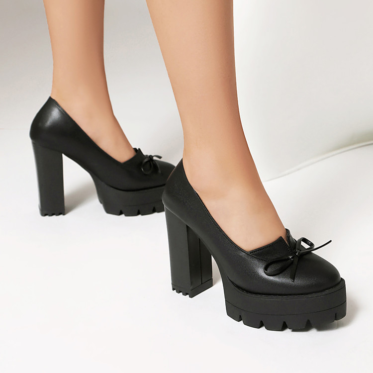 Women's Fashion High Heel Pumps with Bow - PU Upper Chunky Heel - Image 2