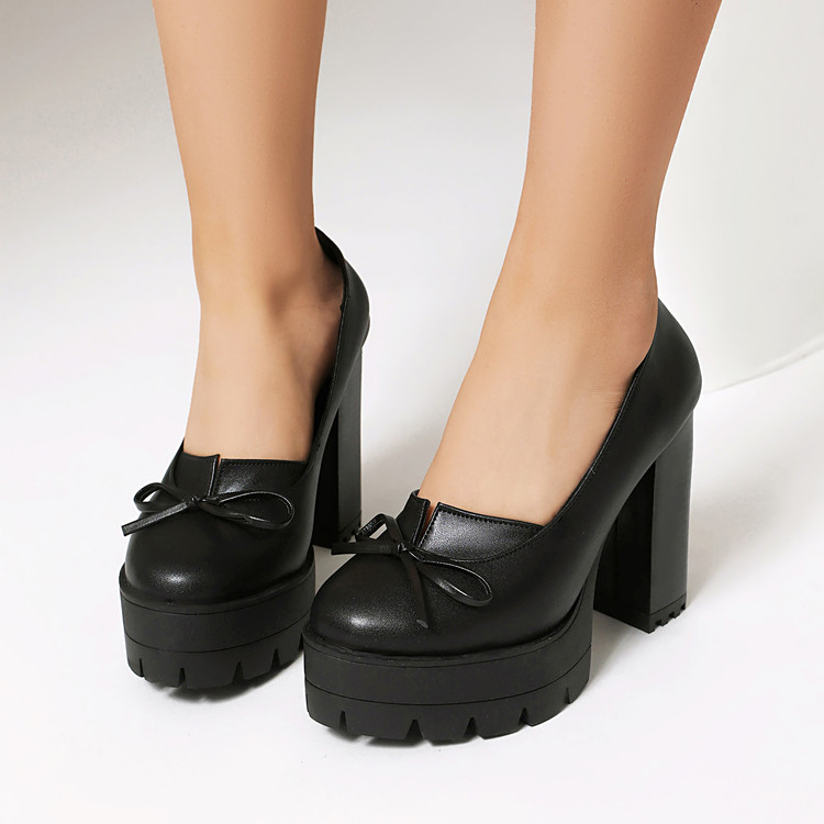 Women's Fashion High Heel Pumps with Bow - PU Upper Chunky Heel - Image 3