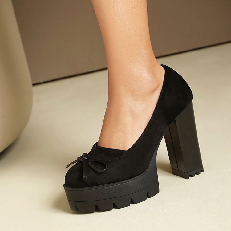 Women's Fashion High Heel Pumps with Bow - PU Upper Chunky Heel - Image 5